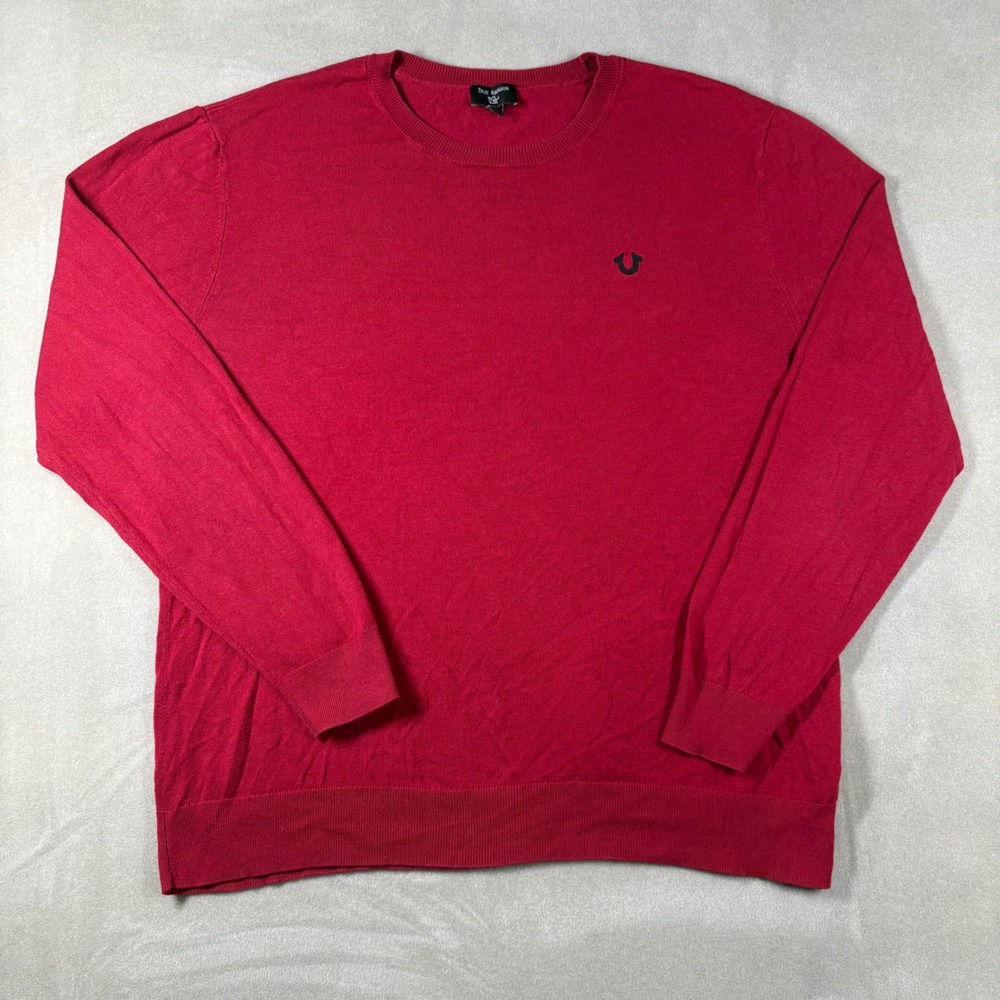 True Religion Mens Red Buddha Logo Crewneck Knit Sweater Large L Pullover